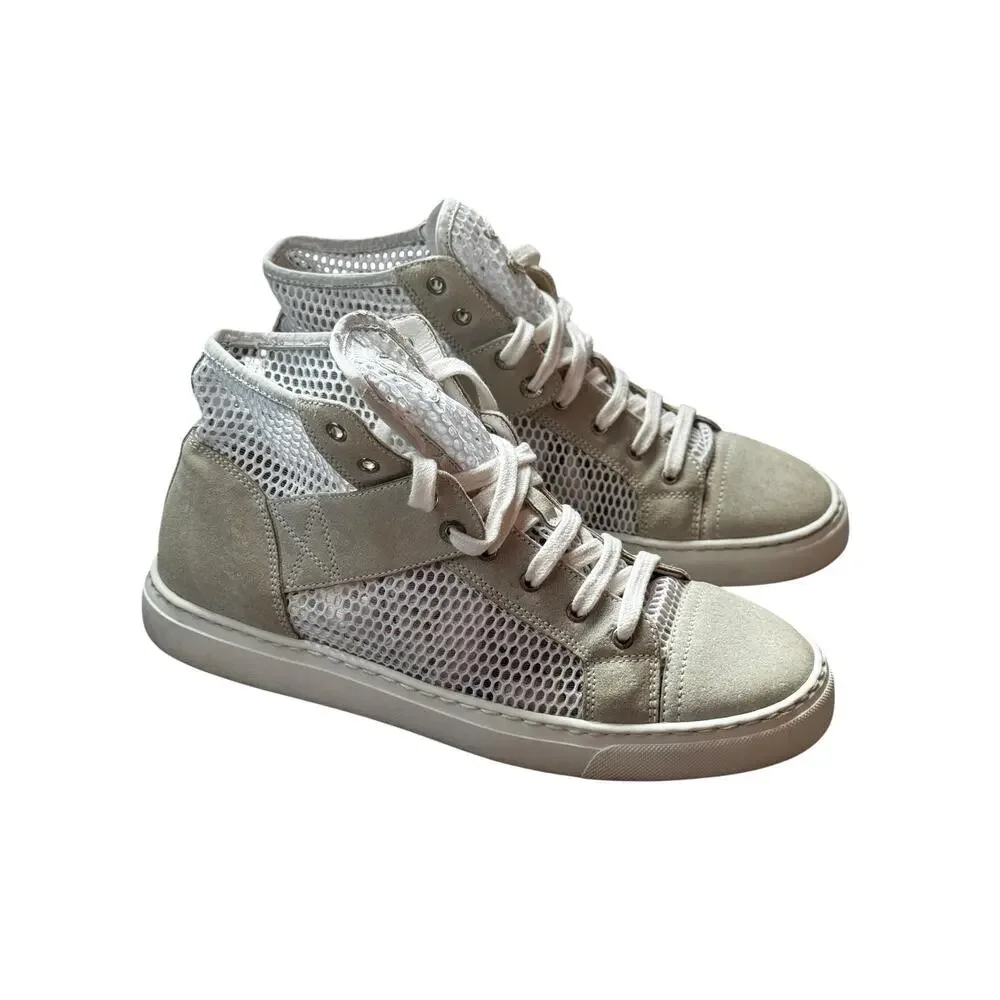 Chanel CC Logo White Mesh Suede High Top Sneakers Made in Italy